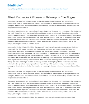 Albert Camus As A Pioneer In Philosophy: The Plague