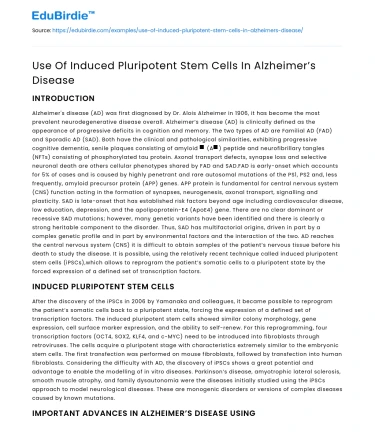 Use Of Induced Pluripotent Stem Cells In Alzheimer’s Disease