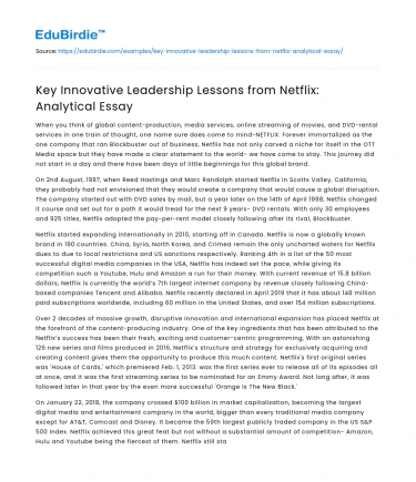 Key Innovative Leadership Lessons from Netflix: Analytical Essay