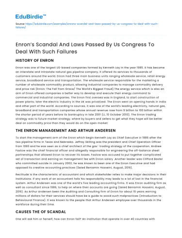 Enron’s Scandal And Laws Passed By Us Congress To Deal With Such Failures