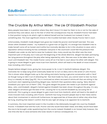 The Crucible By Arthur Miller: The Lie Of Elizabeth Proctor