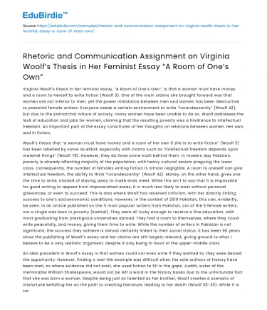 Virginia Woolf’s Feminist Essay “A Room of One’s Own” Thesis Analysis