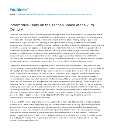 Informative Essay on the Kitchen Space of the 20th Century