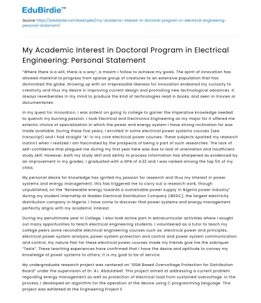 Interest in Doctoral Program in Electrical Engineering Personal Statement