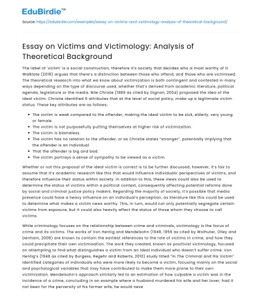 Essay on Victims and Victimology: Analysis of Theoretical Background