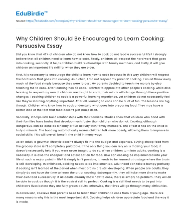 Why Children Should Be Encouraged to Learn Cooking: Persuasive Essay