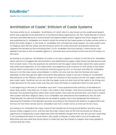 Annihilation of Caste’: Sriticism of Caste Systems