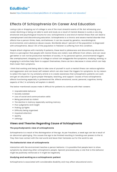 Effects Of Schizophrenia On Career And Education