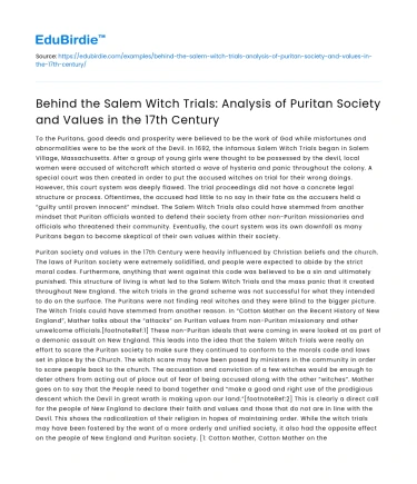 Puritan Society and Values in the 17th Century