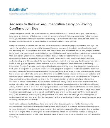 Reasons to Believe: Argumentative Essay on Having Confirmation Bias