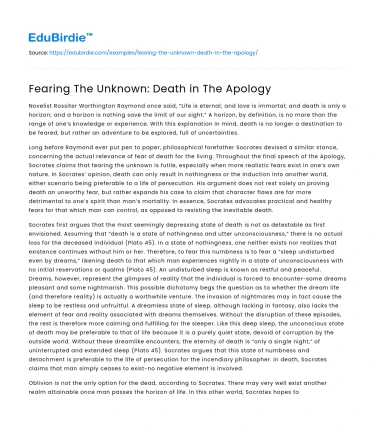 Fearing The Unknown: Death in The Apology