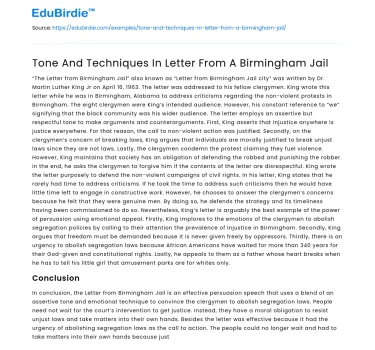 Tone And Techniques In Letter From A Birmingham Jail