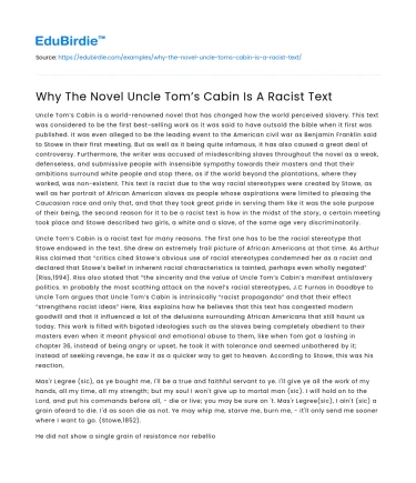 Why The Novel Uncle Tom’s Cabin Is A Racist Text