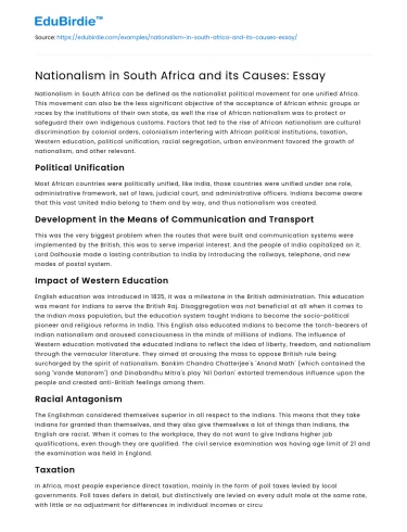 Nationalism in South Africa and its Causes: Essay