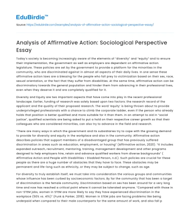 Analysis of Affirmative Action: Sociological Perspective Essay