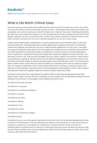 What Is Life Worth: Critical Essay