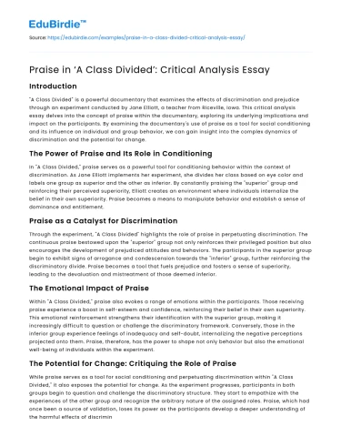 Praise in ‘A Class Divided’: Critical Analysis Essay