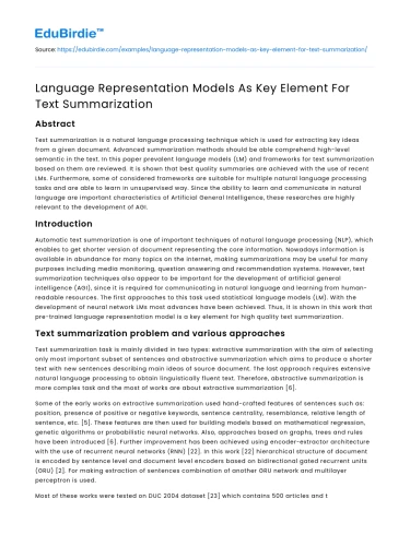 Language Representation Models As Key Element For Text Summarization