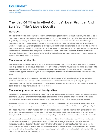 The Idea of Other in Camus’ Stranger and Von Trier’s Dogville