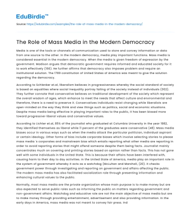 The Role of Mass Media in the Modern Democracy