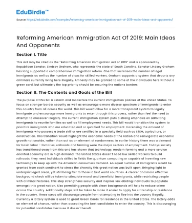 Reforming American Immigration Act Of 2019: Main Ideas And Opponents
