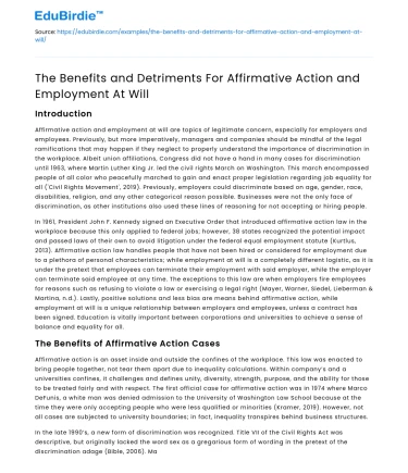 The Benefits and Detriments For Affirmative Action and Employment At Will