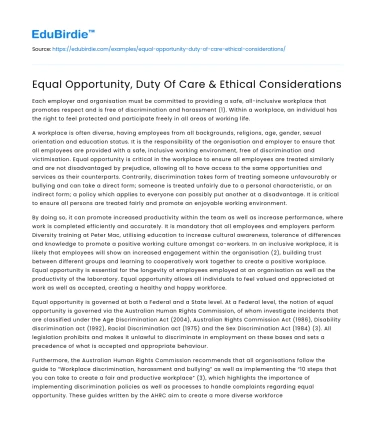 Equal Opportunity, Duty Of Care & Ethical Considerations