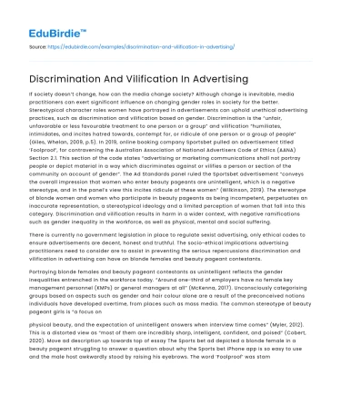 Discrimination And Vilification In Advertising