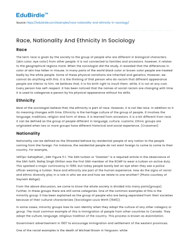 Race, Nationality And Ethnicity In Sociology