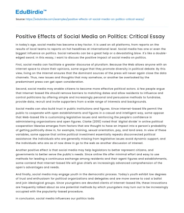 Positive Effects of Social Media on Politics: Critical Essay