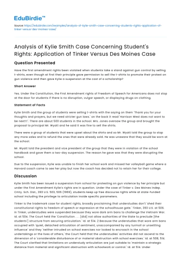 Analysis of Kylie Smith Case: Application of Tinker vs Des Moines Case