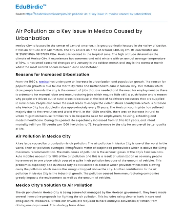 Air Pollution as a Key Issue in Mexico Caused by Urbanization