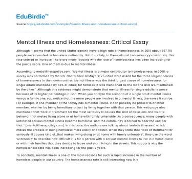 Mental Illness and Homelessness: Critical Essay