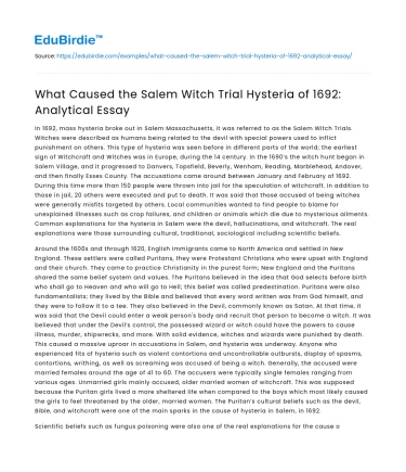 What Caused the Salem Witch Trial Hysteria of 1692: Analytical Essay