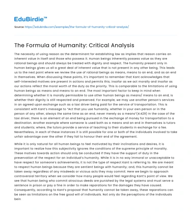 The Formula of Humanity: Critical Analysis