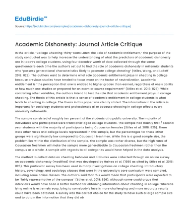 Academic Dishonesty: Journal Article Critique