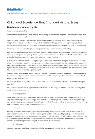 Childhood Experience That Changed My Life: Essay