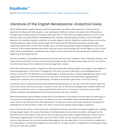 The Dynamics of English Renaissance Literature