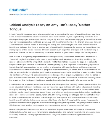 Critical Analysis Essay on Amy Tan’s Essay ‘Mother Tongue’