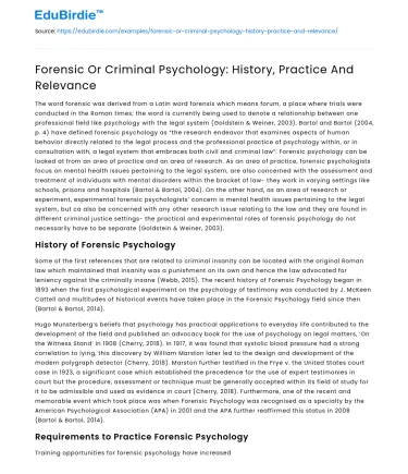 Forensic Or Criminal Psychology: History, Practice And Relevance