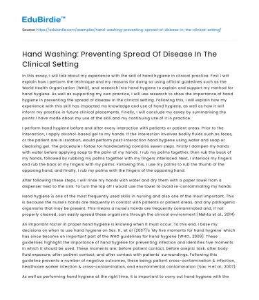 Hand Washing: Preventing Spread Of Disease In The Clinical Setting