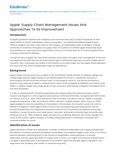 Apple: Supply Chain Management Issues And Approaches To Its Improvement