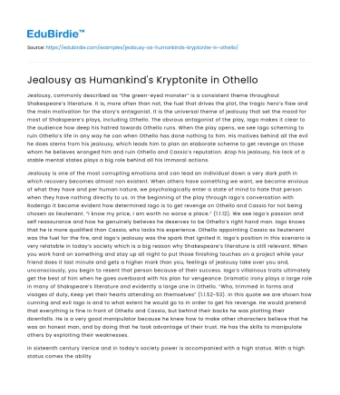 Jealousy as Humankind’s Kryptonite in Othello