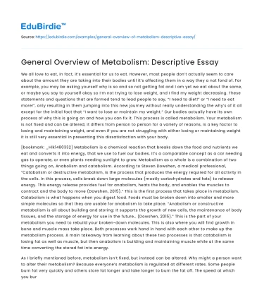 General Overview of Metabolism: Descriptive Essay