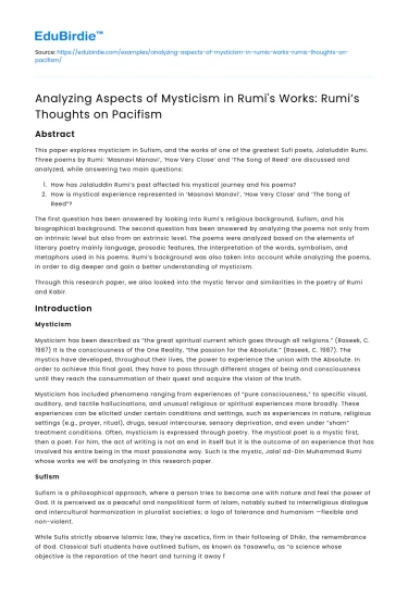 Rumi’s Mystical Views on Pacifism