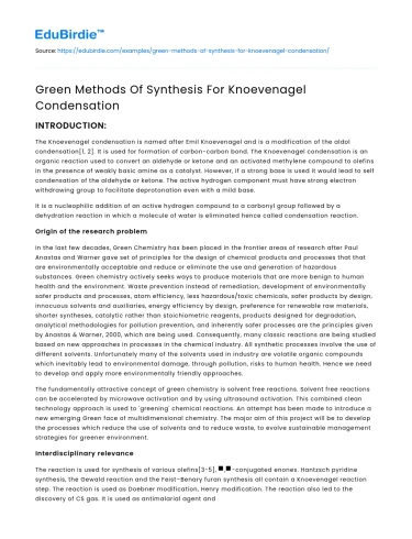 Green Methods Of Synthesis For Knoevenagel Condensation