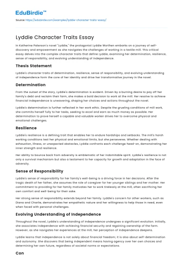 Lyddie Character Traits Essay