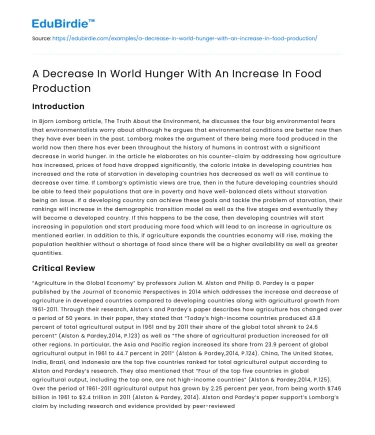 A Decrease In World Hunger With An Increase In Food Production