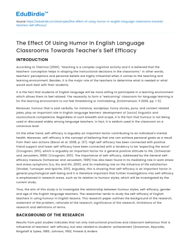 Impact of Humor on Teacher Self Efficacy in English Classrooms