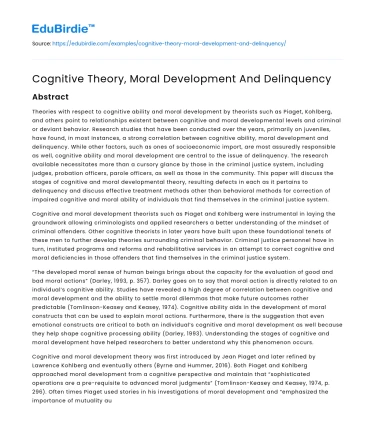 Cognitive Theory, Moral Development And Delinquency